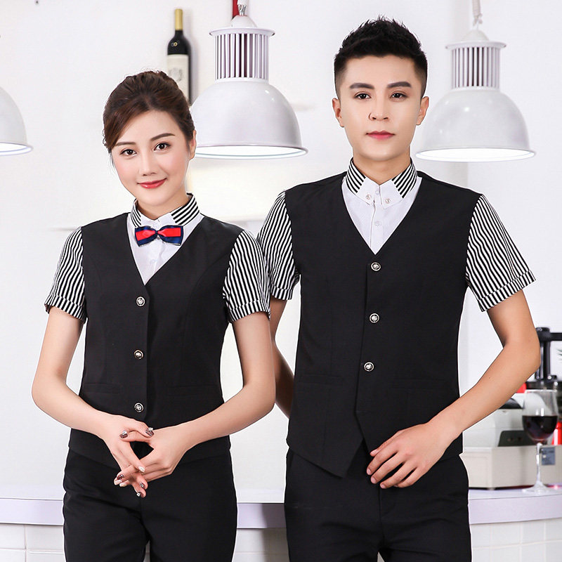 假两件咖啡厅马甲短袖工作服图片