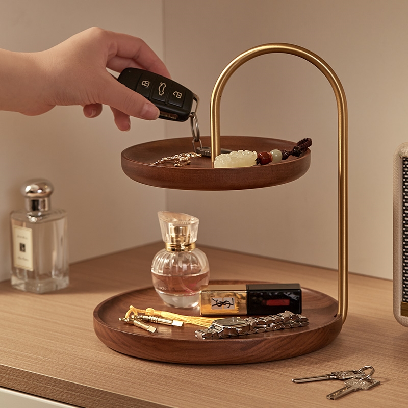 入门玄关收纳盒轻奢多层糖果托盘实木展示盘胡桃木三层干果蛋糕盘