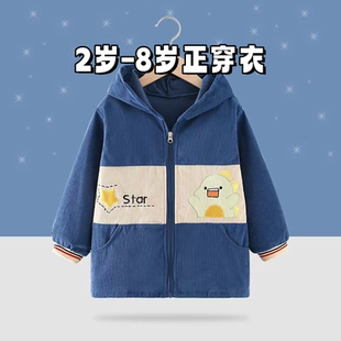 小孩正穿外套罩衣宝宝外穿防水灯芯绒围裙加大反穿衣拉链棉衣外套
