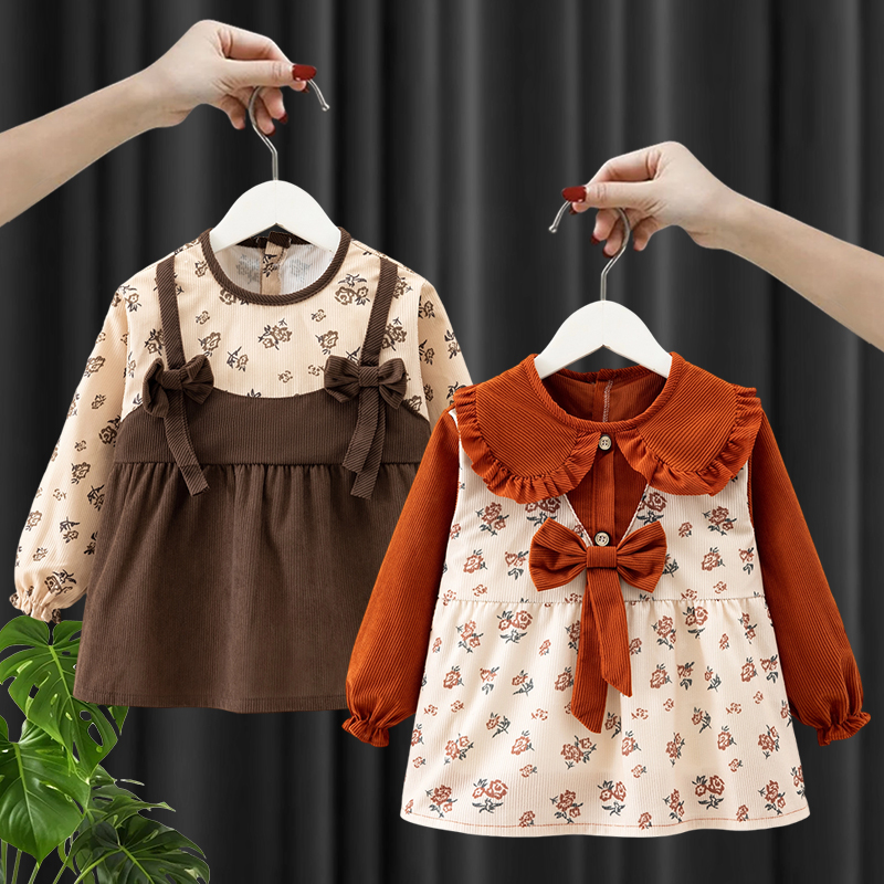 儿童灯芯绒秋冬套棉衣反穿衣围裙围兜罩衣系扣女孩可爱罩衣公主裙