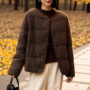 暖到心窝！95白鹅绒×圈圈纱羊毛羽绒服冬季小香风圆领短款鹅绒服