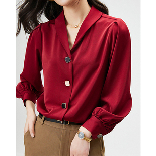 春秋复古简约红色长袖 气质通勤高级感青果领衬衫 衬衣 宫廷风 法式