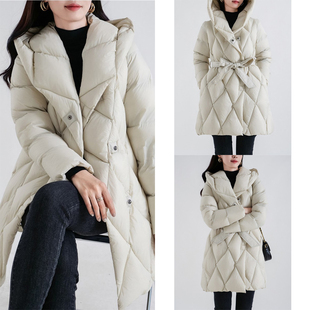 温暖入冬!高端95白鹅绒羽绒服面包服 女款菱格中长款连帽鹅绒服