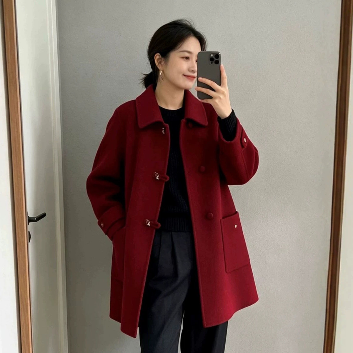 御姐风红色中长款女式羊毛呢外套