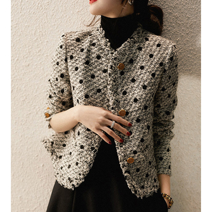 摩登高定！植绒波点羊毛小香风外套 春秋新款女装短款粗花呢上衣