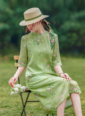 古美韵味！文艺印花苎麻改良旗袍连衣裙 夏季斜襟立领绿色一步裙