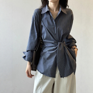 春秋新款 女 收腰显瘦翻领衬衣 通勤OL气质绑带条纹衬衫 慵懒复古