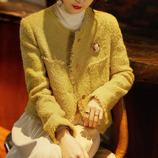 美到心坎!粗花呢小圈圈羊毛短款外套 春秋新款柠檬黄小香风上衣