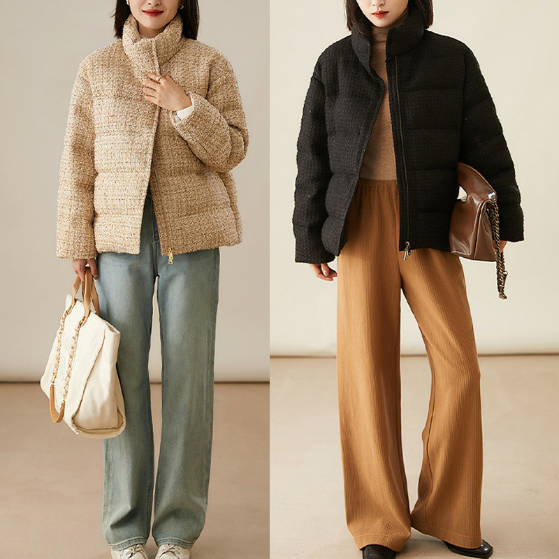 温暖呵护！小香风95白鹅绒粗花呢羽绒服冬季高端中长款格子鹅绒服