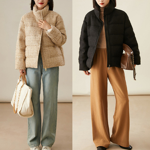 温暖呵护！小香风95白鹅绒粗花呢羽绒服冬季高端中长款格子鹅绒服