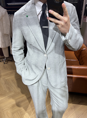 爱穿衣服的让先生 灰色单排扣肌理条纹男士套装 西装西裤