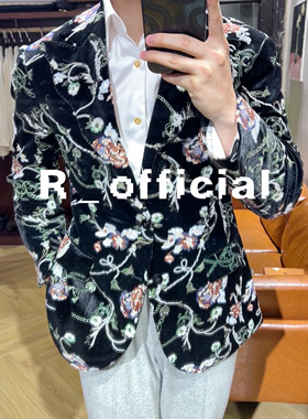爱穿衣服的让先生 黑色丝绒刺绣波浪领西装上衣