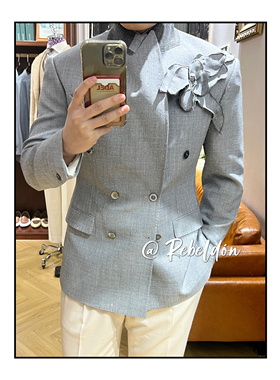 爱穿衣服的让先生 灰色镶钻设计师款双排扣外套