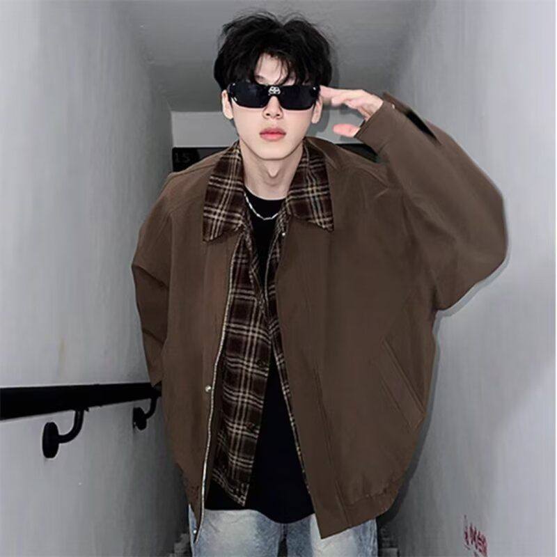 美式复古vintage假两件夹克翻领短款棒球服夹克外套男女春秋穿搭,男装,夹克,淘宝优惠券,粉丝福利购,淘宝优惠卷