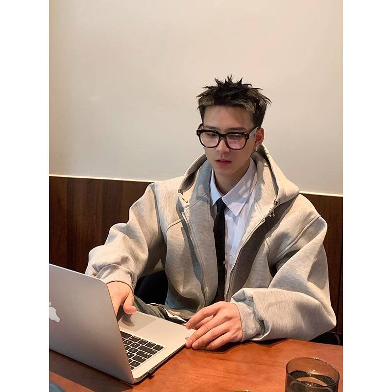 美式复古重磅高街解构廓形华棉情侣连帽外套开衫卫衣短款帽衫男女