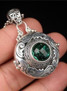 纯银镂空可打开熏香丸球绿水晶嘎乌盒空心胎毛项链吊坠噶乌女