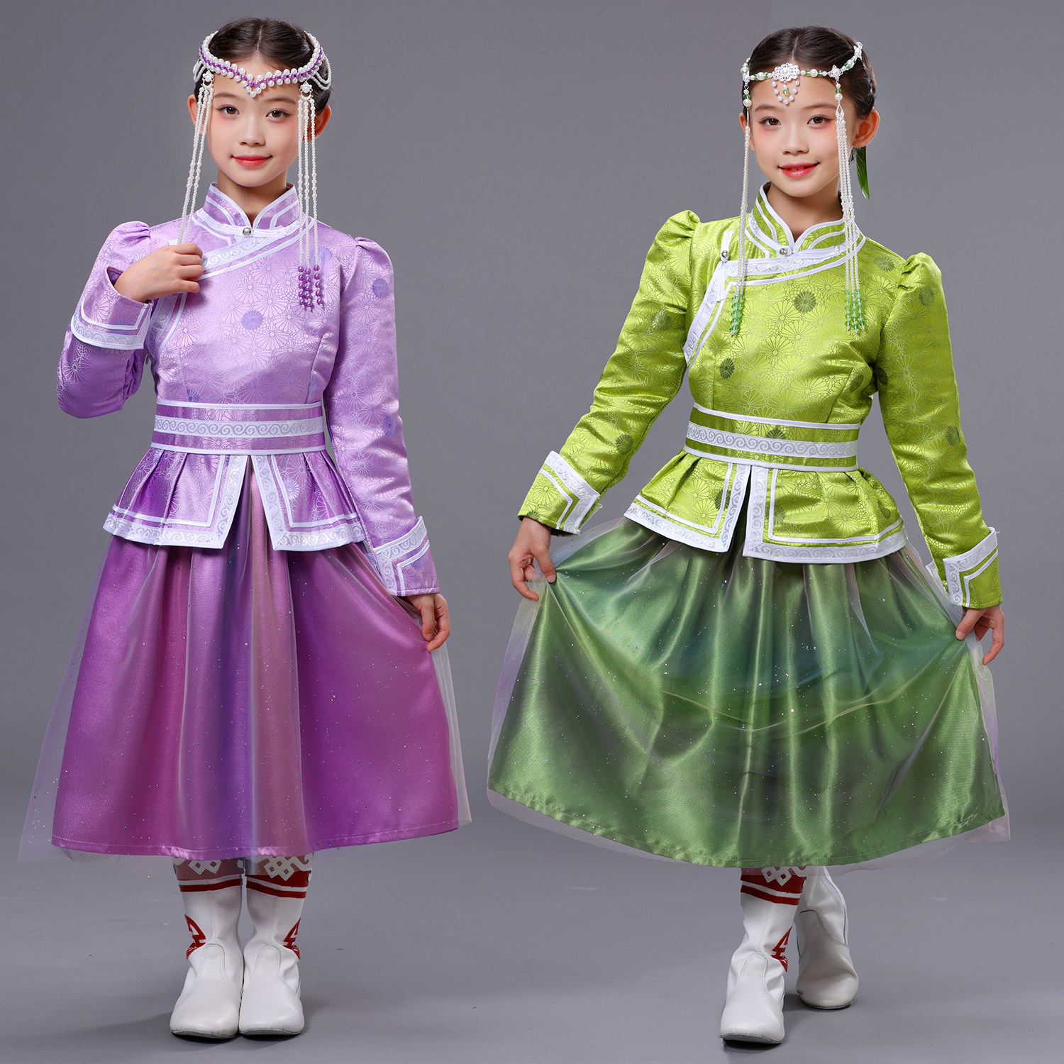 女童蒙古族演出服儿童蒙古袍六一民族舞蹈服舞台表演服日常蒙古裙