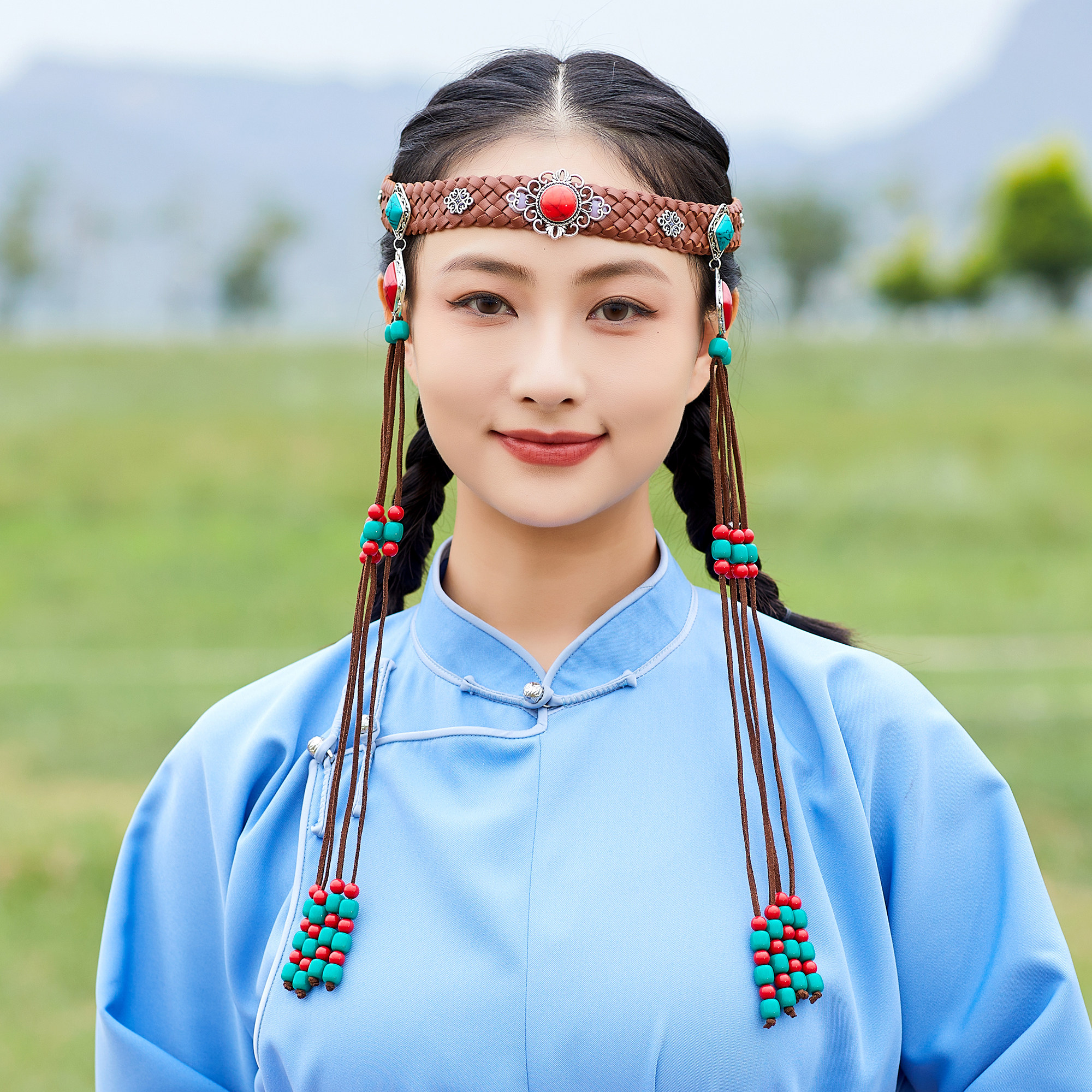 蒙古元素头饰珠珠皮绳发带女士民族风手工编织流苏头带蒙古袍配饰