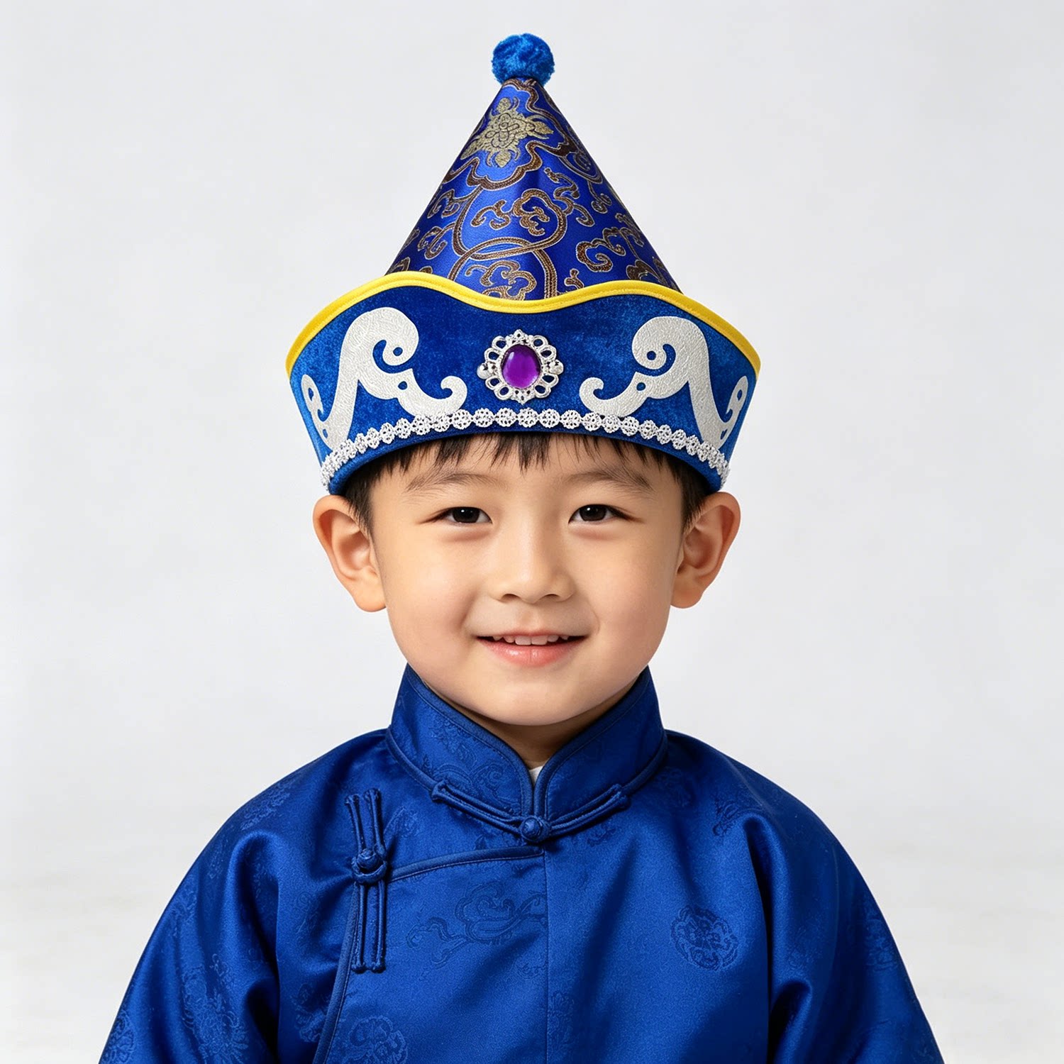 男童蒙古族帽子尖顶儿童蓝色蒙古帽王爷帽少数民族头饰舞台表演帽