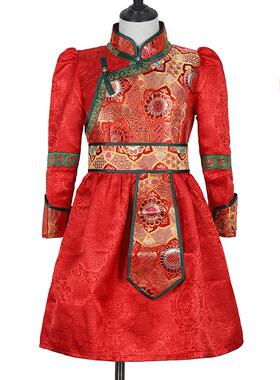 女蒙古袍儿童舞台连衣公主裙红色高端服饰蒙古族童装演出服长袖