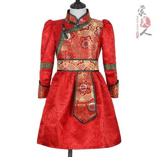 女蒙古袍儿童舞台连衣公主裙红色高端服饰蒙古族童装演出服长袖