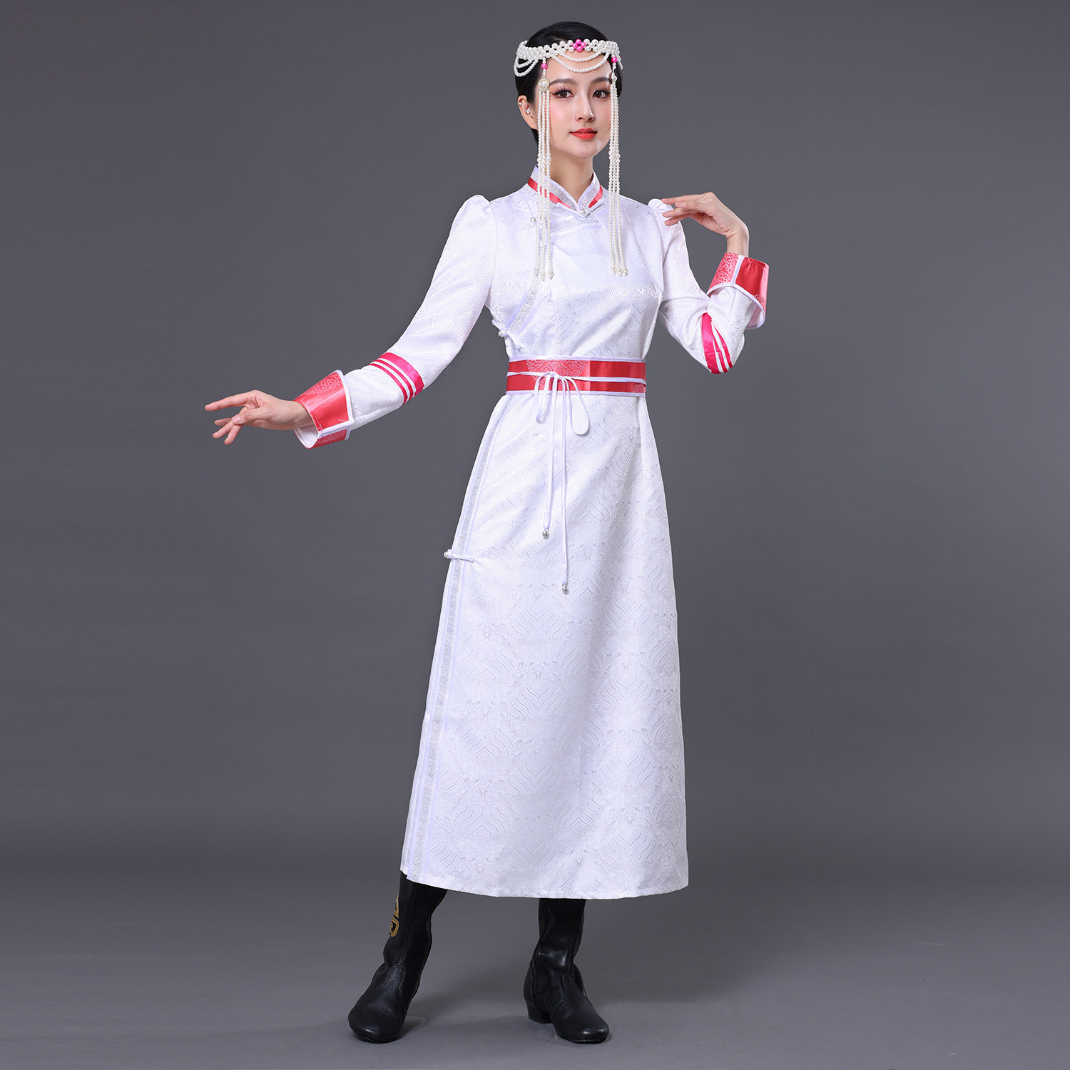 女士白色蒙古袍民族风演出服