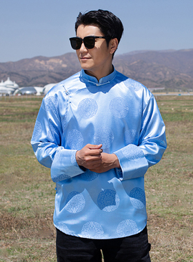 蒙美人蒙古族男装新款男款长袖上衣民族风衬衫马蹄袖日常生活装