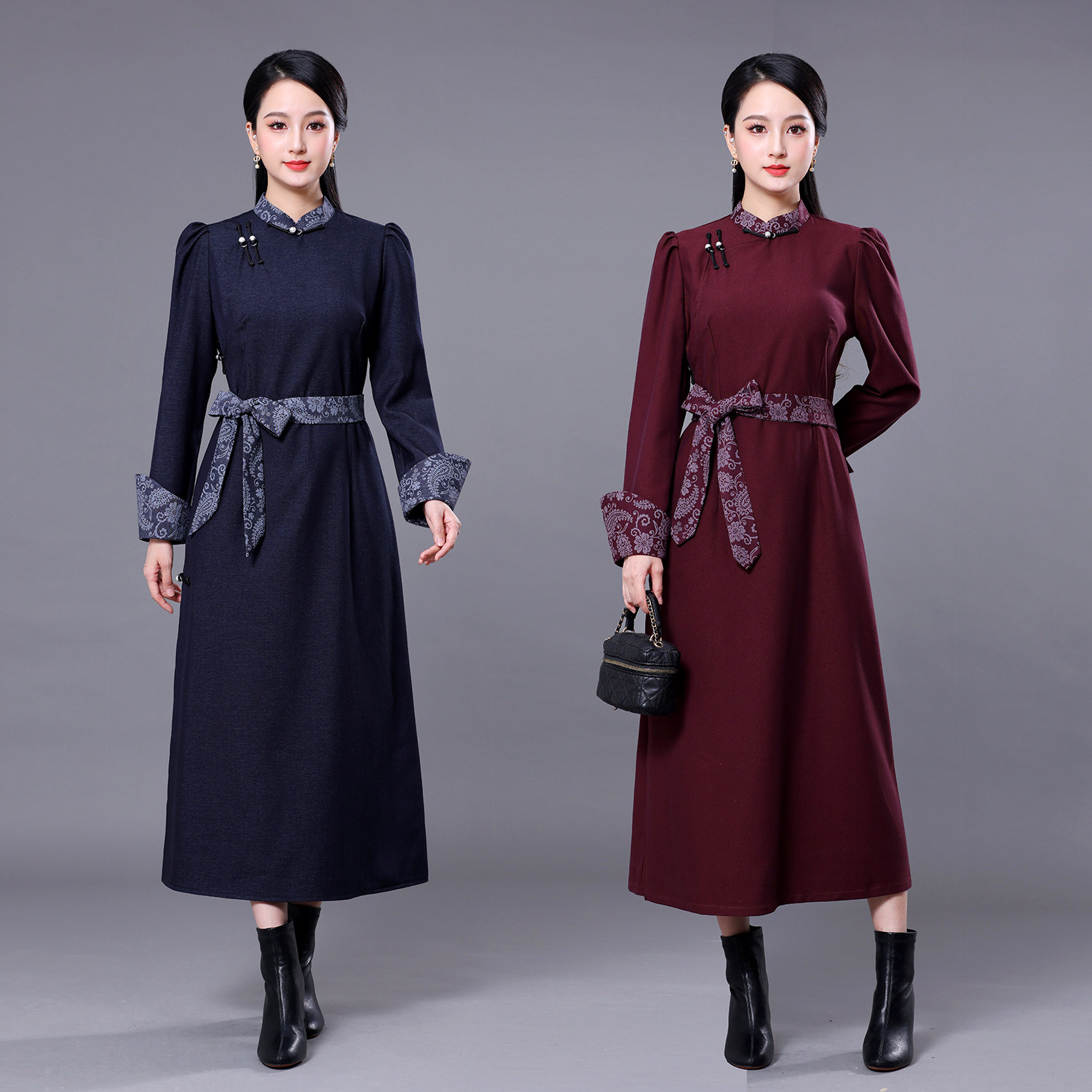 蒙古袍女春秋立领盘扣显瘦民族风连衣裙蒙古元素长袍日常生活装