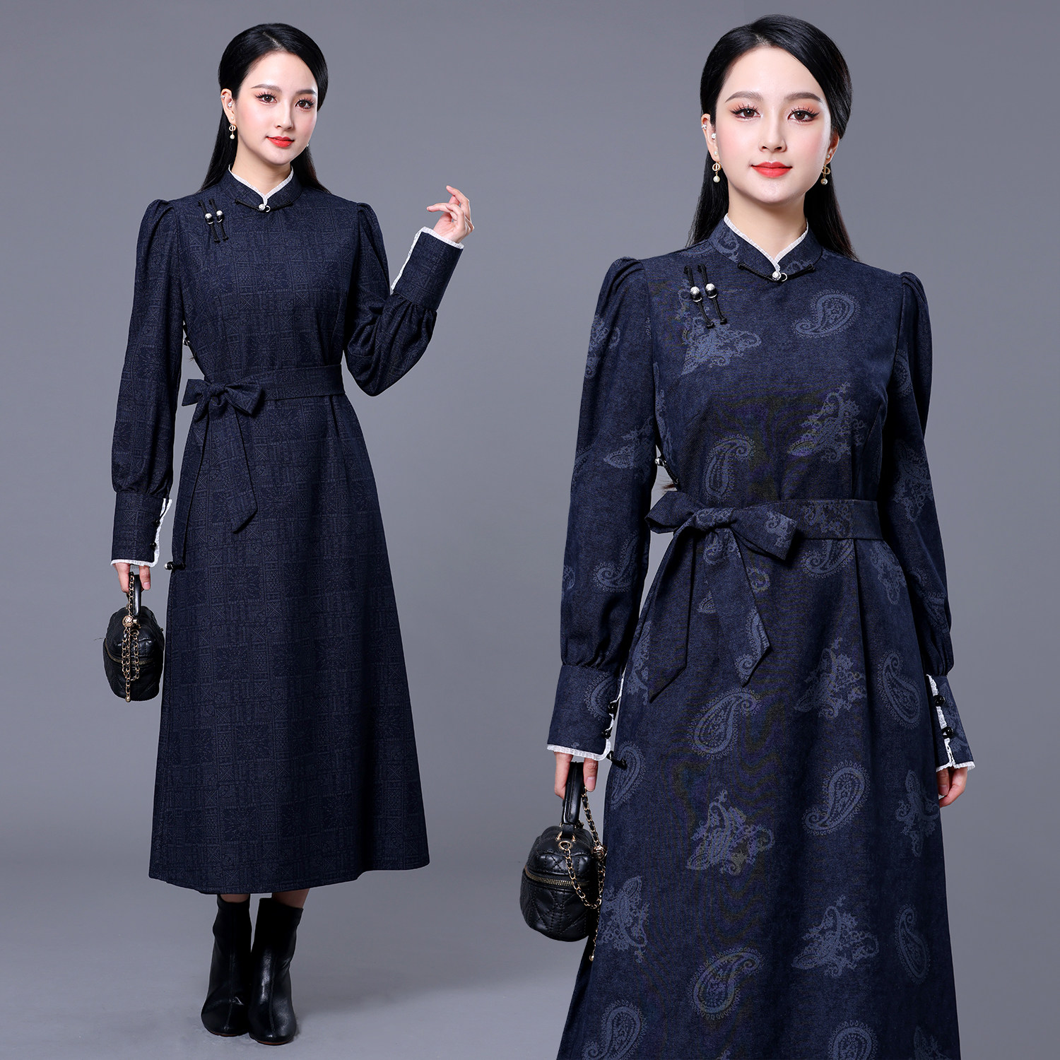 蒙古服装女士现代日常蒙古袍长款女立领盘扣显瘦四季民族风连衣裙