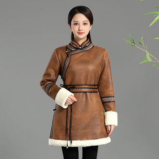 蒙古服装女士棉衣中长现代改良蒙古袍秋冬新品仿皮毛一体保暖外套