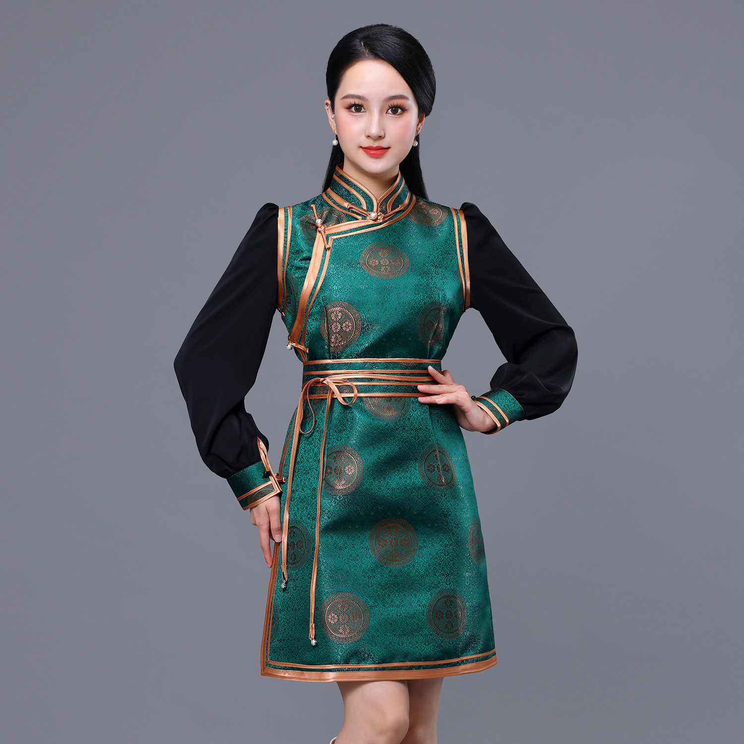 蒙古元素纱袖马甲女中长蒙古族连衣裙民族风立领盘扣现代生活装