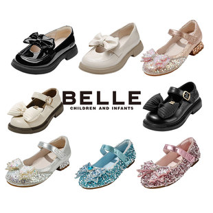 百丽童鞋女童公主鞋软底秋款2023新款水晶鞋儿童鞋子女宝宝小皮鞋