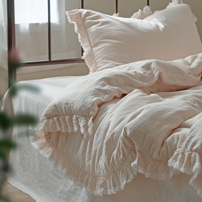 无印良品轻奢婴儿裸睡双层纱布四件套成品染色流苏花边简约少女风