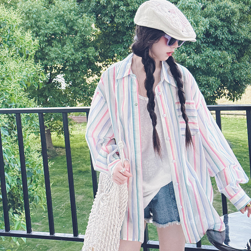 冷大娘彩色条纹衬衫薄款防晒衣