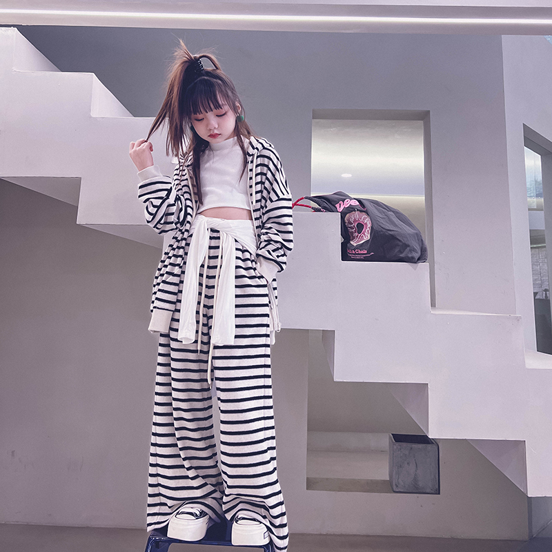 冷大娘定制 男女儿童条纹套装百搭休闲帽衫外套直筒长裤亲子款