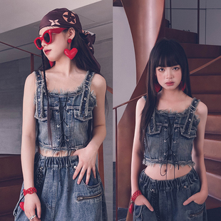 冷大娘 中大童牛仔吊带背心女团爵士舞演出上衣叠穿马甲亲子款