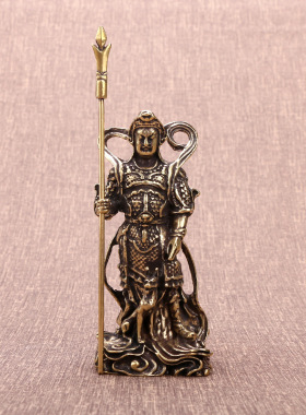 复古风黄铜二郎神杨戬摆件显圣真君供奉佛像哮天犬客厅玄关装饰品