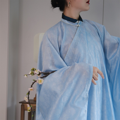 立领斜襟长衫帝尧汉服新款晚明风暗纹纱立领大斜衫
