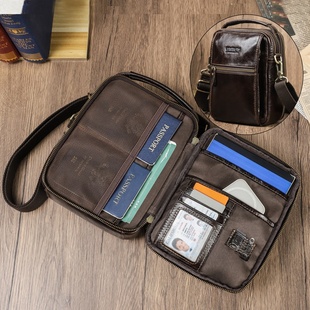 黑天使头层牛皮护照登机牌收纳男挎包多功能单肩包真皮男士斜挎包