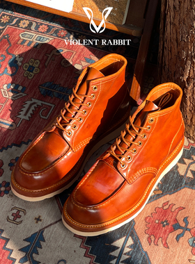 VR兔爷 马臀皮875工装靴水洗焦糖色高帮莫卡辛鞋手缝固特异男鞋