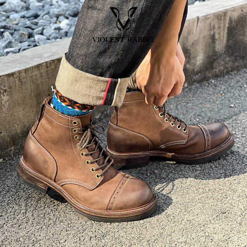 骆驼皮料！高帮机车靴复古皮靴