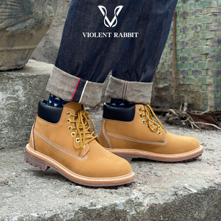 VR兔爷春夏季中帮防水大黄靴固特异头层牛皮马丁靴牛皮短靴男户外