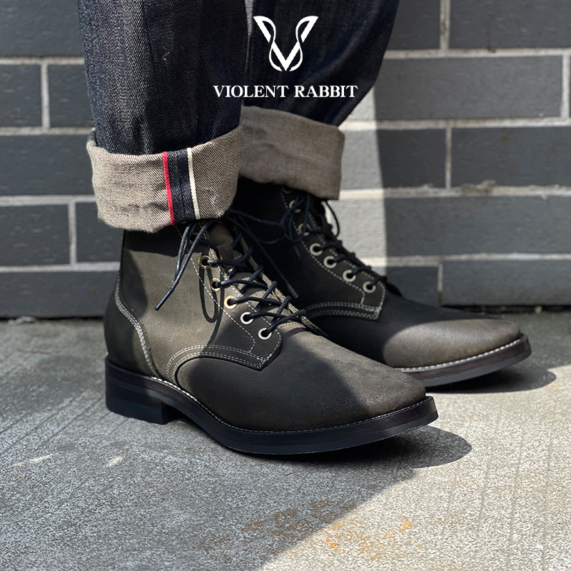 VR兔爷CFS腊肉皮大逃亡靴男橄榄绿高帮皮靴工装靴美式复古马丁靴
