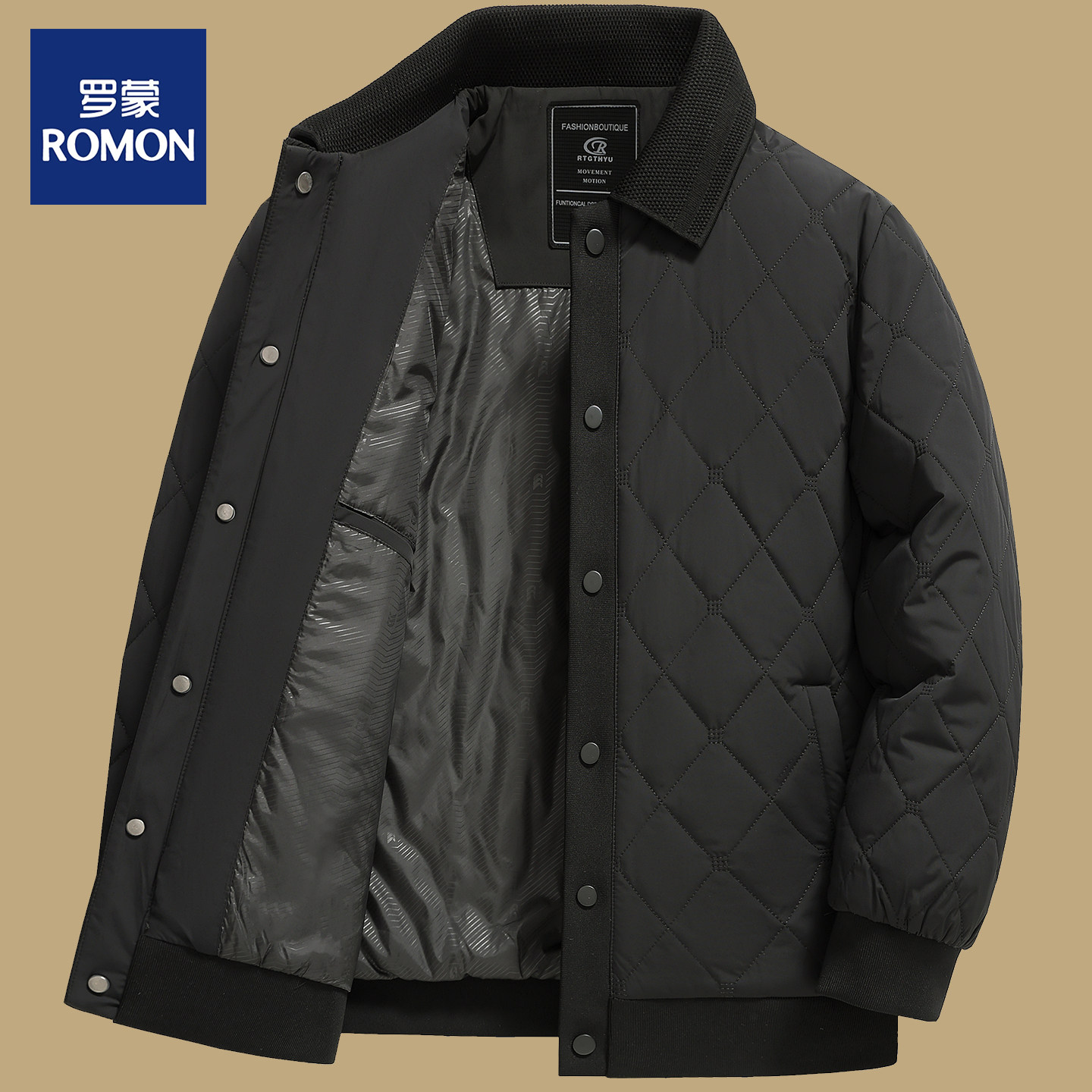 罗蒙菱形格棉服男桑蚕丝薄棉袄外套男装2025新款秋冬季高端薄棉衣