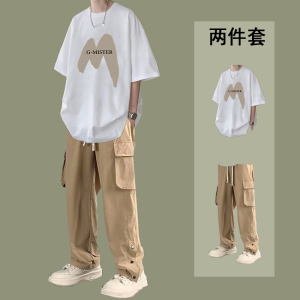 纯棉夏季短袖T恤男套装搭配工装裤潮牌百搭一整套休闲衣服两件套