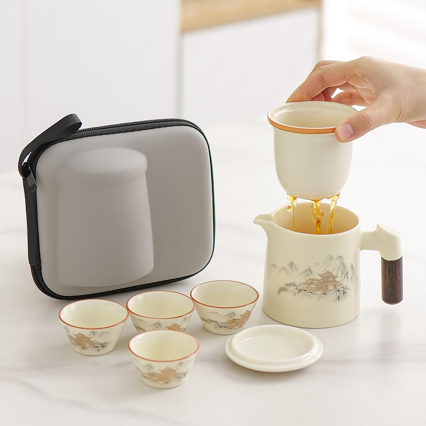 轻奢高档黄汝窑旅行茶具一壶四杯大容量泡茶壶茶杯开片定制礼盒装