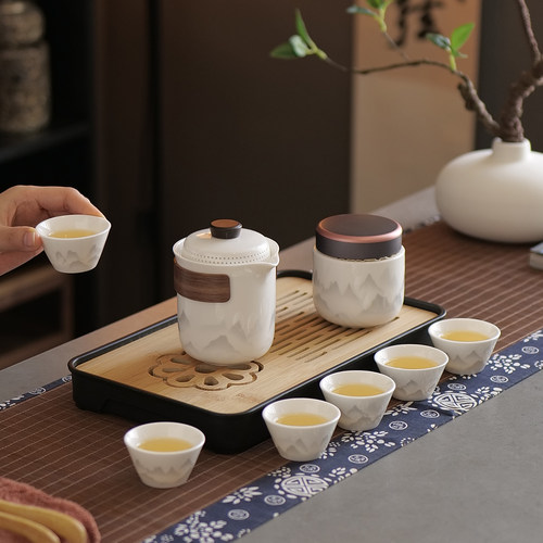 户外露营白瓷水墨快客杯轻奢便携式一壶四杯泡茶壶旅行茶具收纳包