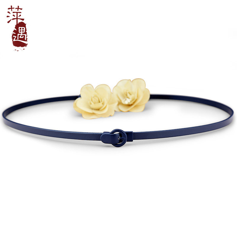 腰带女真皮头层牛皮蓝色夏装饰配裙时尚细皮带简约百搭腰链ins风