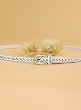 腰带女细真皮牛皮白色休闲时尚编织窄小皮带夏季装饰配裙衬衫腰链