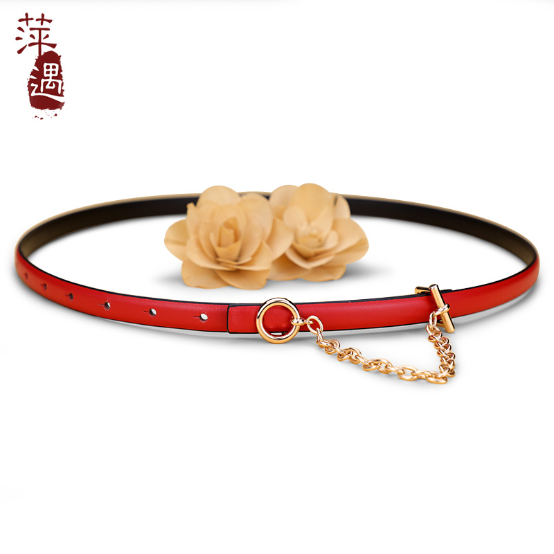 双面腰带女款真皮牛皮红色本命年链条细皮带装饰配连衣裙裤带韩国